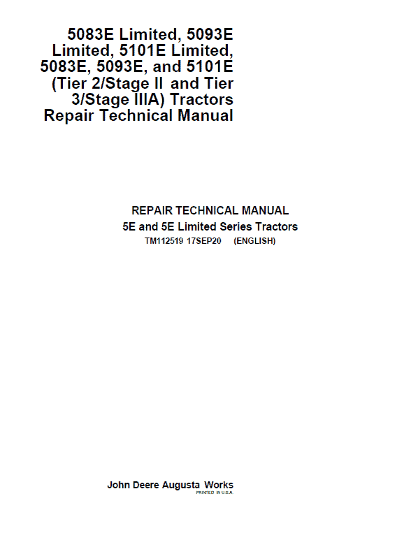 John Deere 5083E, 5093E, 5101E including Limited Models Manuals (S.N 344001-439999) Workshop Guide