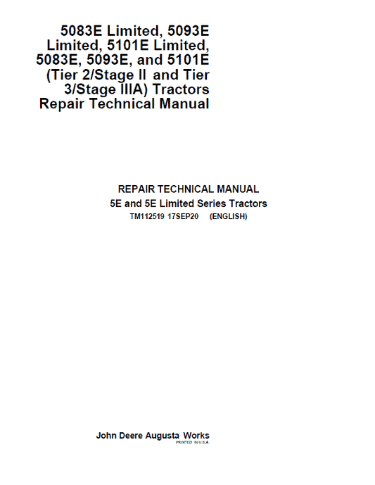John Deere 5083E, 5093E, 5101E including Limited Models Manuals (S.N 344001-439999) Workshop Guide