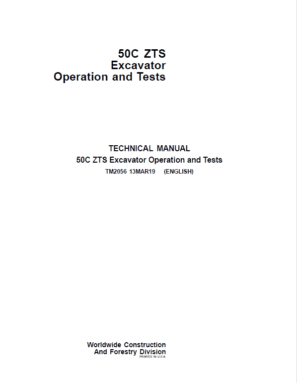 John Deere 50C ZTS Excavator Repair Technical Manual Workshop Guide