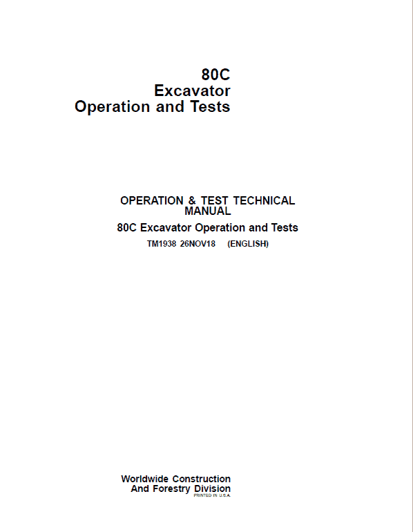 John Deere 80C Excavator Repair Technical Manual Workshop Guide