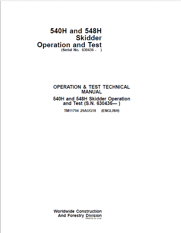 John Deere 540H, 548H Skidder Repair Technical Manual (S.N after 630436 – ) Workshop Guide