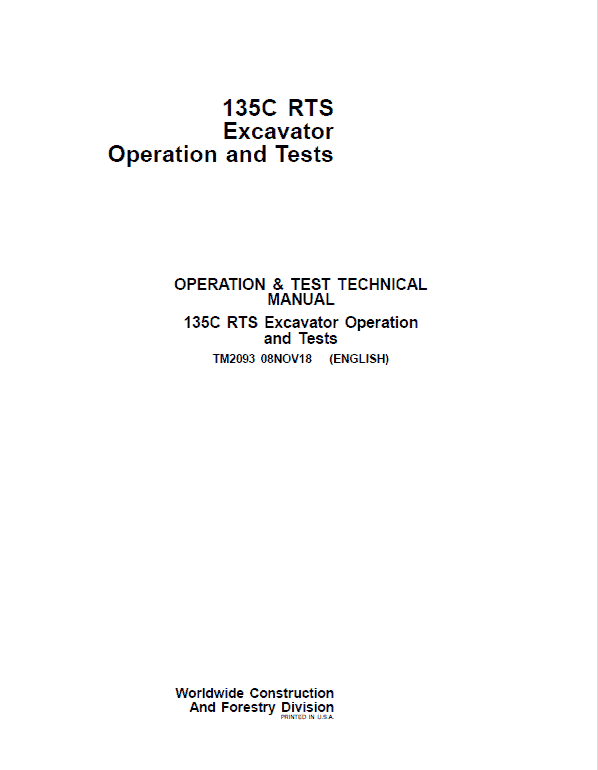 John Deere 135C RTS Excavator Repair Technical Manual Workshop Guide