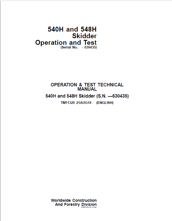 John Deere 540H, 548H Skidder Repair Technical Manual (S.N before  – 630435) Workshop Guide