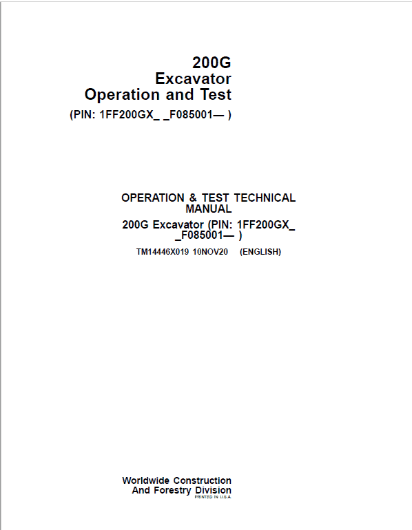 John Deere 200G Excavator Repair Technical Manual (S.N after F085001 -) Workshop Guide