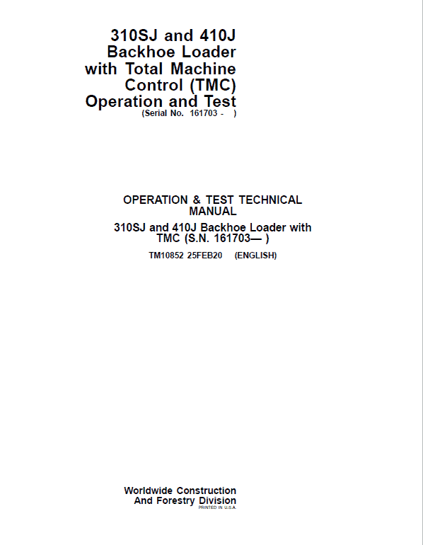 John Deere 310SJ, 410J Backhoe Loader (TMC) Technical Manual (S.N before 161702 ) Workshop Guide