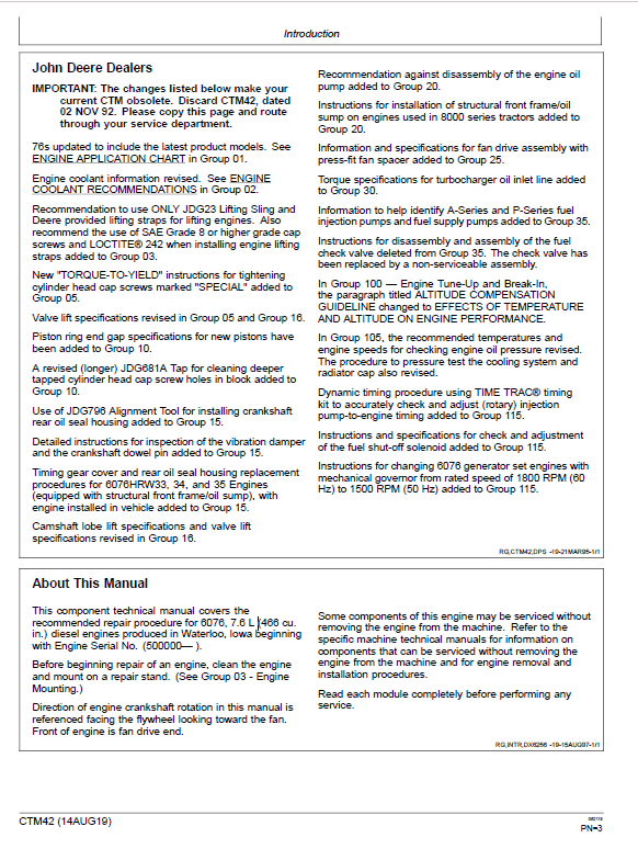 John Deere 6076 Diesel Engines Component Technical Manual (CTM42) Workshop Guide