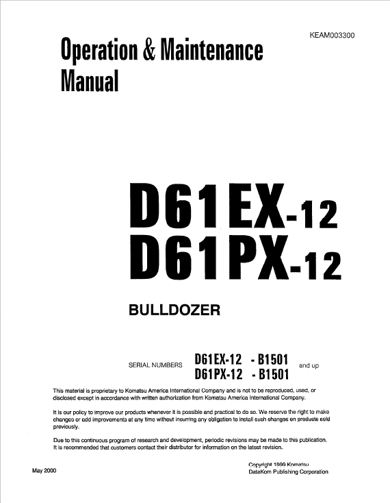 Komatsu D61EX-12, D61PX-12 Dozer Service Manual Workshop Guide