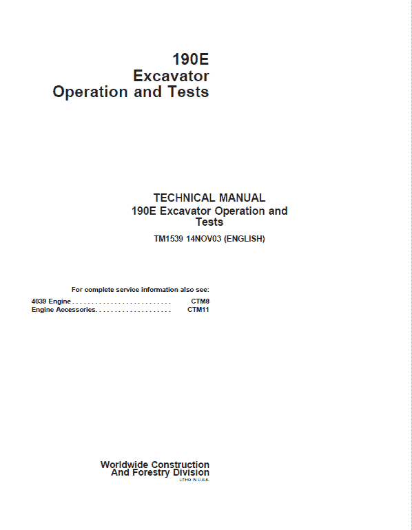 John Deere 190E Excavator Repair Technical Manual Workshop Guide