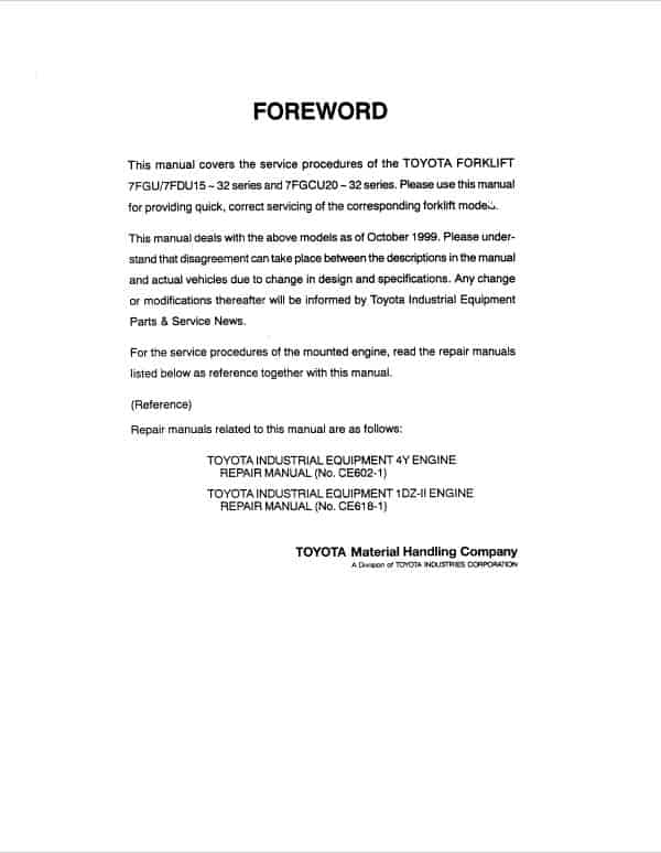 TOYOTA 7FGU15, 7FGU18, 7FGU20, 7FGU25, 7FGU30, 7FGU32 Forklift Repair Manual