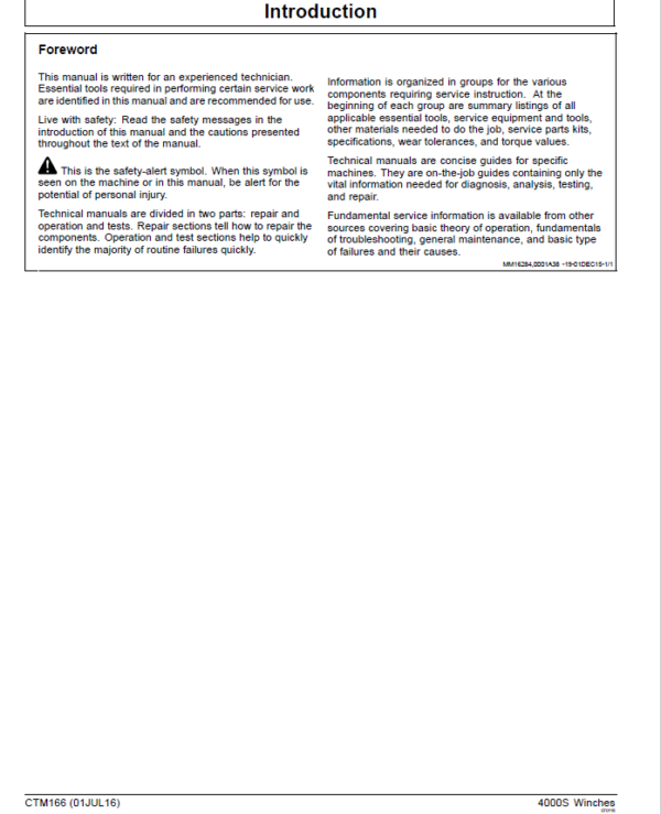John Deere 4000S Winches Service Repair Manual (CTM166) Workshop Guide