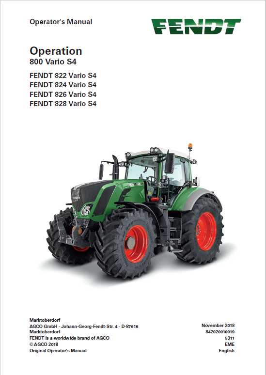 Fendt 822, 824, 826, 828 Vario S4 Tractors Workshop Repair Manual Workshop Guide