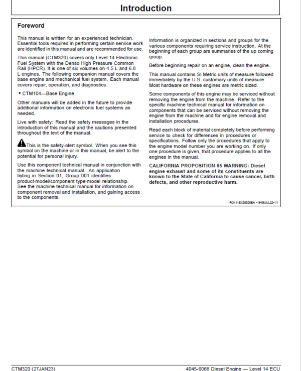 John Deere 4045, 6068 – Level 14 ECU Diesel Engine Service Repair Manual (CTM320) Workshop Guide