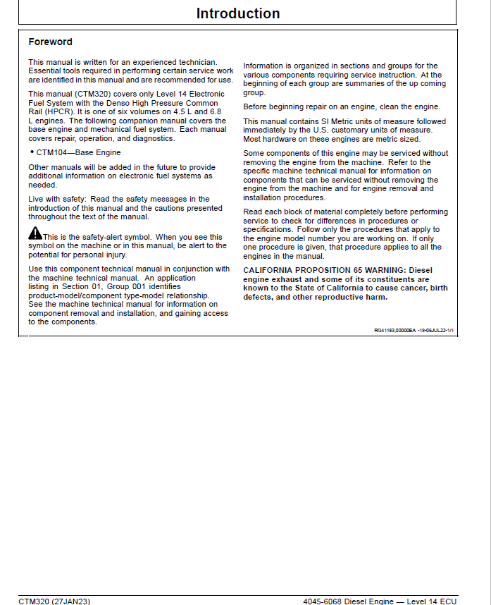 John Deere 4045, 6068 – Level 14 ECU Diesel Engine Service Repair Manual (CTM320) Workshop Guide