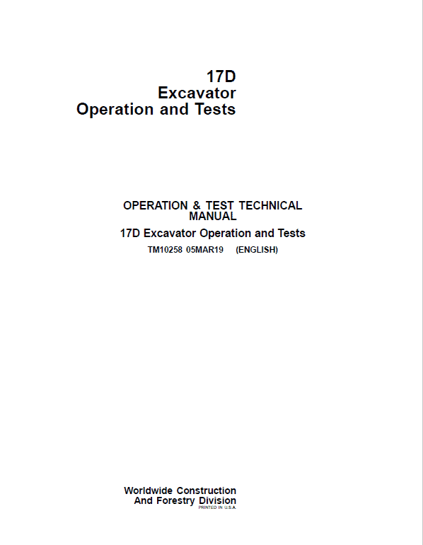 John Deere 17D Excavator Repair Technical Manual Workshop Guide