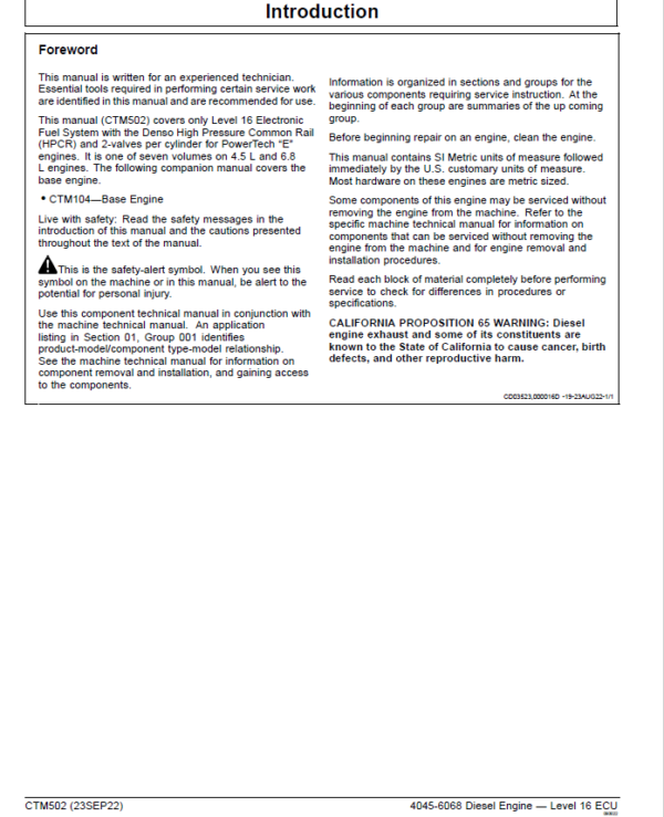 John Deere 4045, 6068 – Level 16 ECU Diesel Engine Repair Technical Manual (CTM502) Workshop Guide