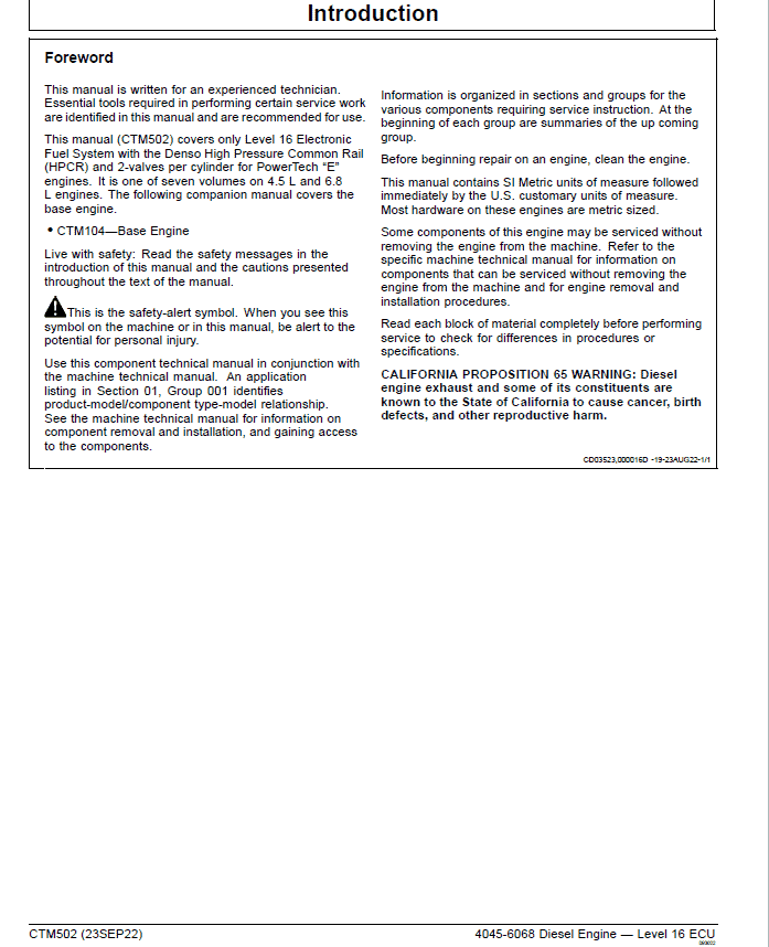 John Deere 4045, 6068 – Level 16 ECU Diesel Engine Repair Technical Manual (CTM502) Workshop Guide