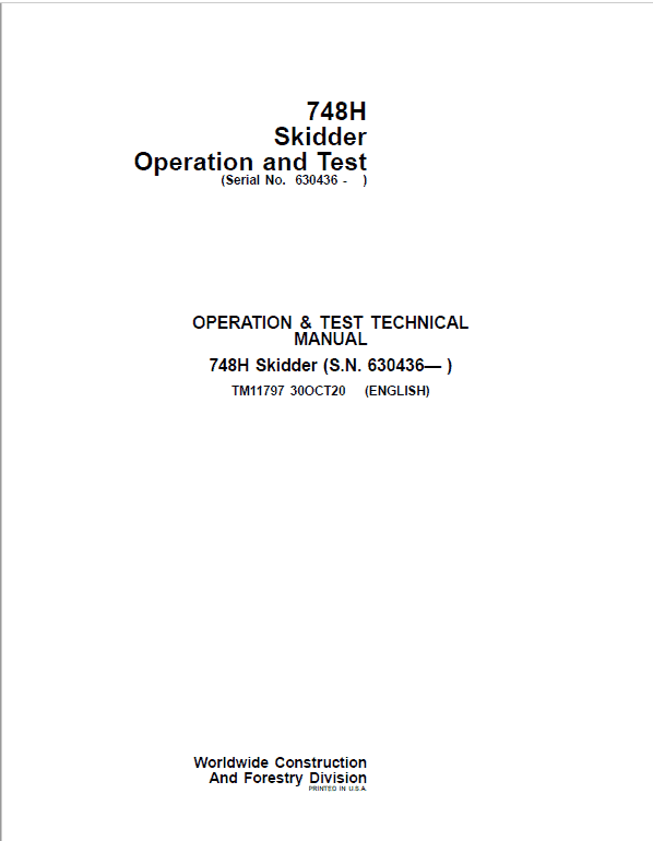 John Deere 748H Skidder Repair Technical Manual (S.N after 630436 – ) Workshop Guide