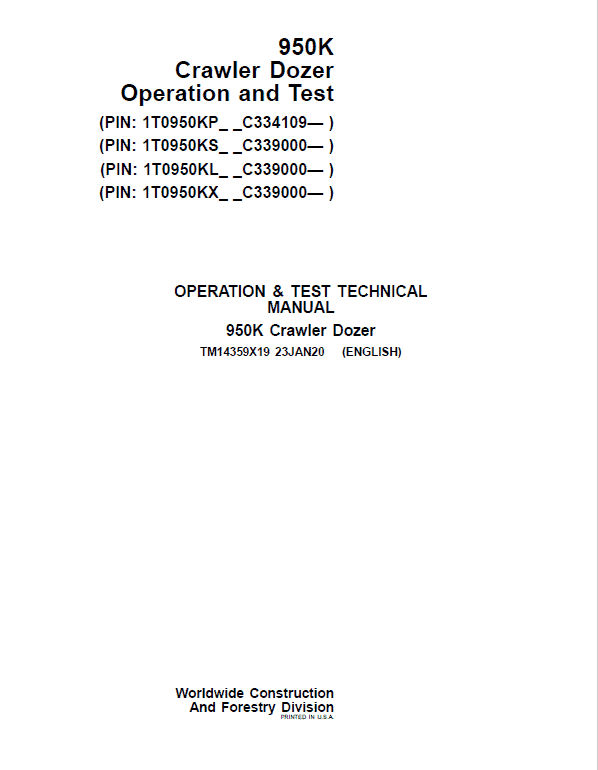 John Deere 950K Crawler Dozer Repair Technical Manual (S.N after C334109 – ) Workshop Guide