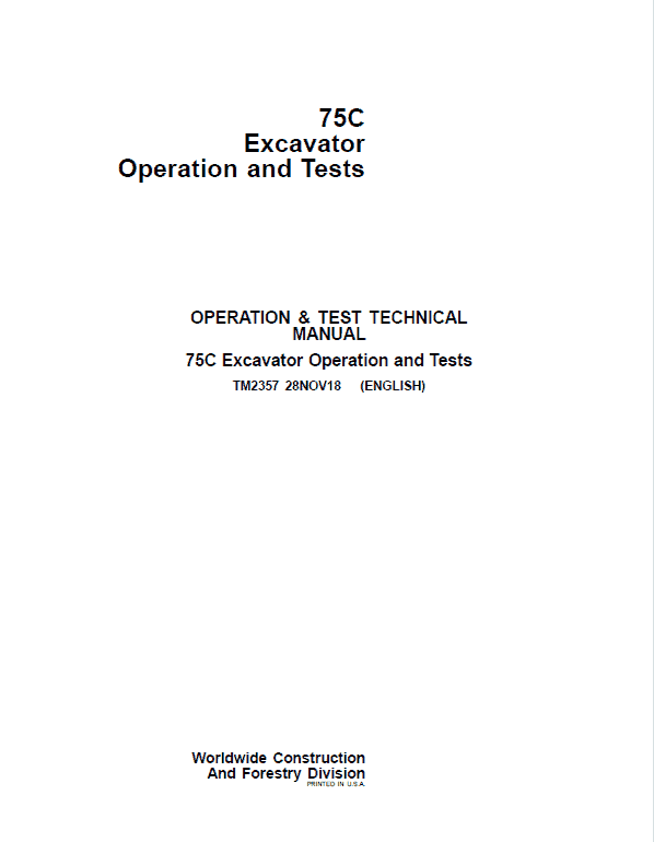 John Deere 75C Excavator Repair Technical Manual Workshop Guide