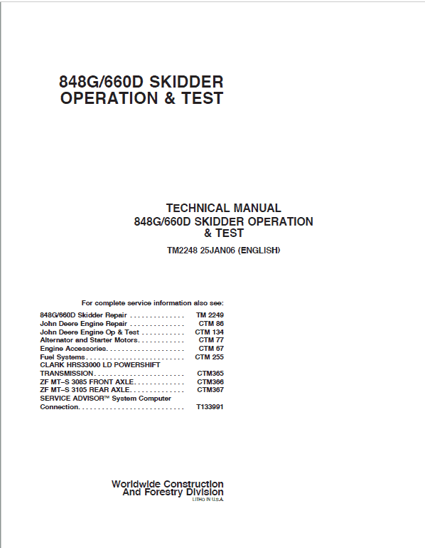 John Deere 848G, 660D Skidder Repair Technical Manual Workshop Guide
