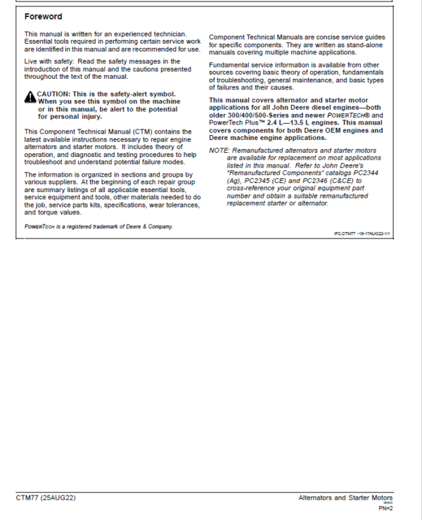 John Deere Alternators and Motors Service Repair Manual (CTM77) Workshop Guide