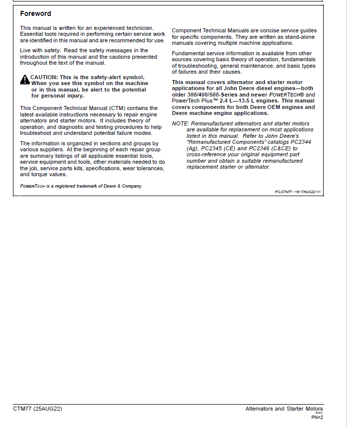 John Deere Alternators and Motors Service Repair Manual (CTM77) Workshop Guide