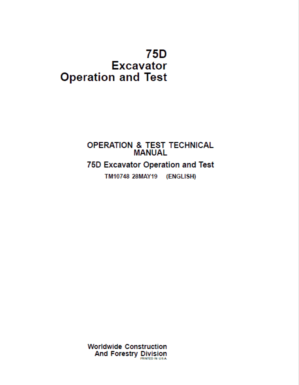 John Deere 75D Excavator Repair Technical Manual Workshop Guide