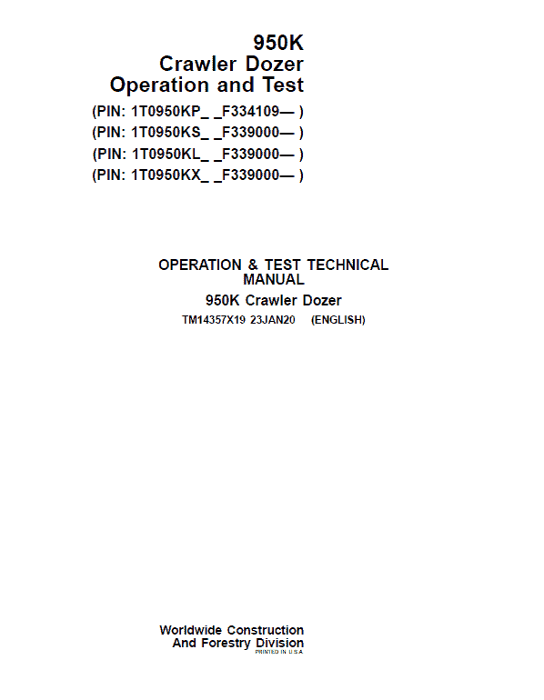 John Deere 950K Crawler Dozer Repair Technical Manual (S.N after F334109 – ) Workshop Guide