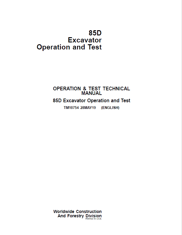 John Deere 85D Excavator Repair Technical Manual Workshop Guide