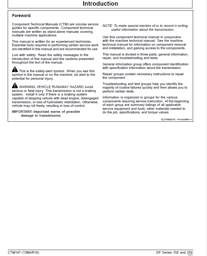 John Deere DF Series 150, 250 Transmissions (Analog) Repair Manual (CTM147) Workshop Guide