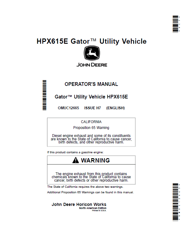 John Deere HPX615E Gator Utility Vehicles Repair Technical Manual (S.N 010001 – 040000) Workshop Guide