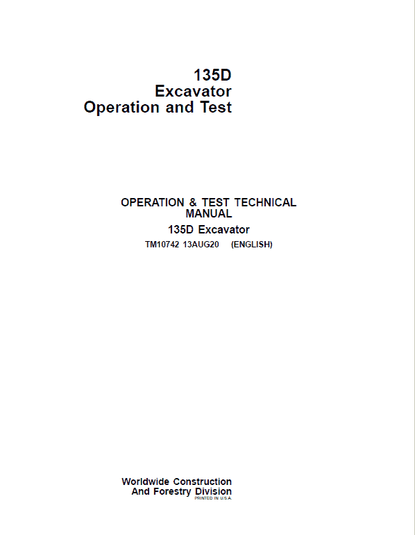John Deere 135D Excavator Repair Technical Manual Workshop Guide