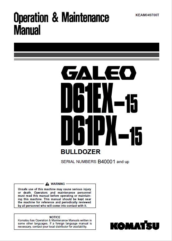Komatsu D61EX-15, D61PX-15 Dozer Service Manual Workshop Guide