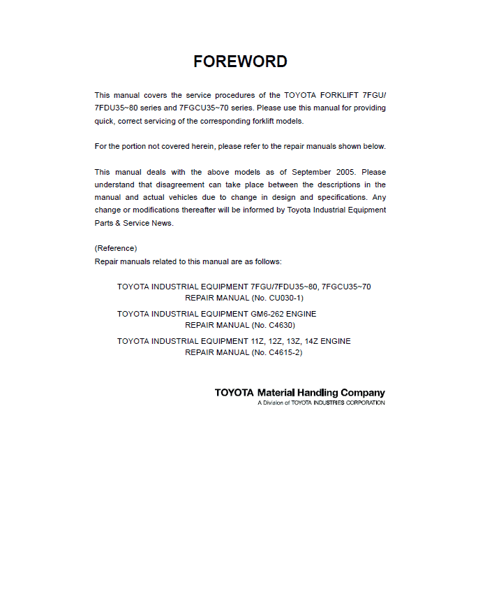 Toyota 7FGU35, 7FGU45, 7FGU60, 7FGU70, 7FGU80, 7FGKU40 Forklift Repair Manual