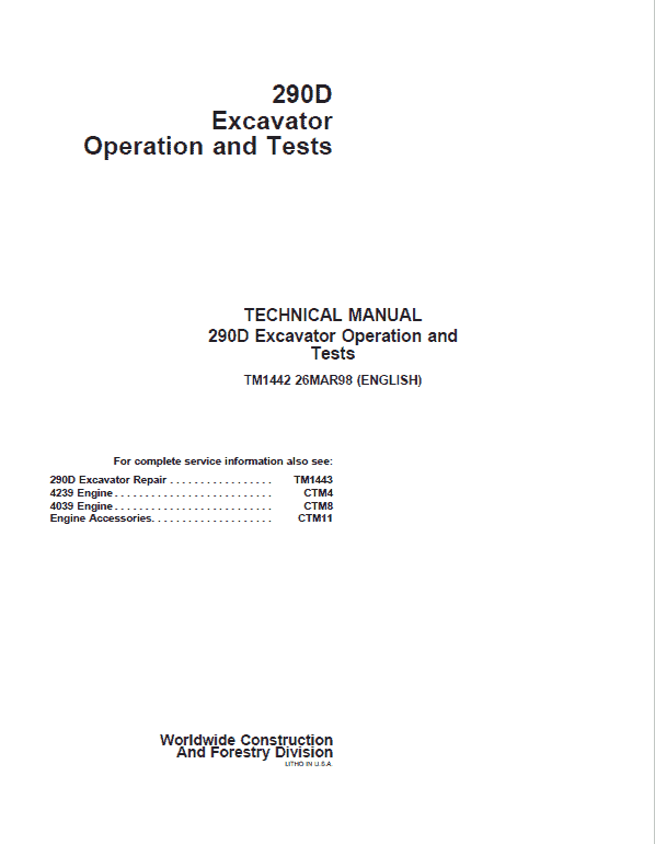 John Deere 290D Excavator Repair Technical Manual Workshop Guide