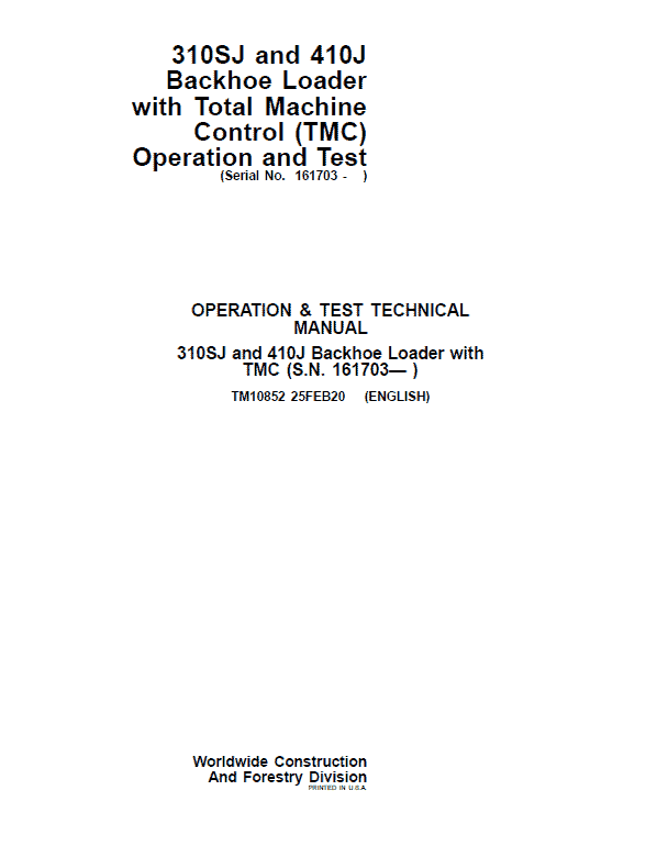 John Deere 310SJ, 410J Backhoe Loader (TMC) Technical Manual (S.N after 161703 ) Workshop Guide