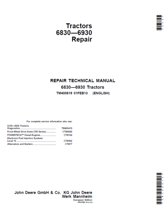 John Deere 6830, 6930 Tractors (EU) Service Repair Manual Workshop Guide