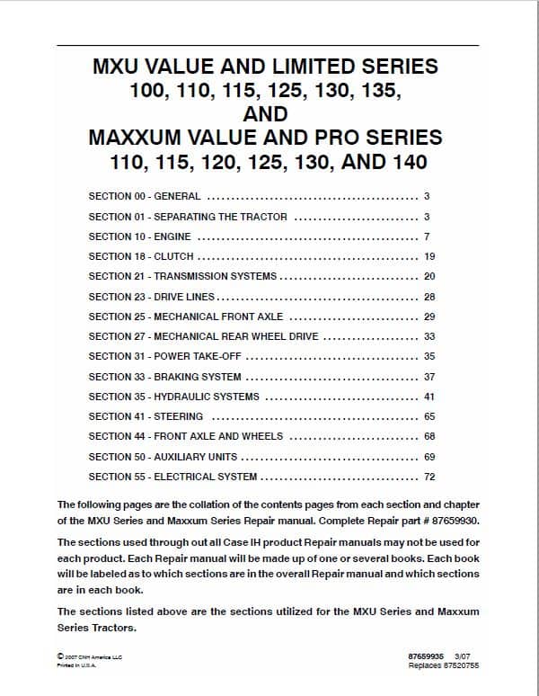 Case MXU125, MXU130, MXU135, MXU140 Maxxum Tractor Service Manual Workshop Guide