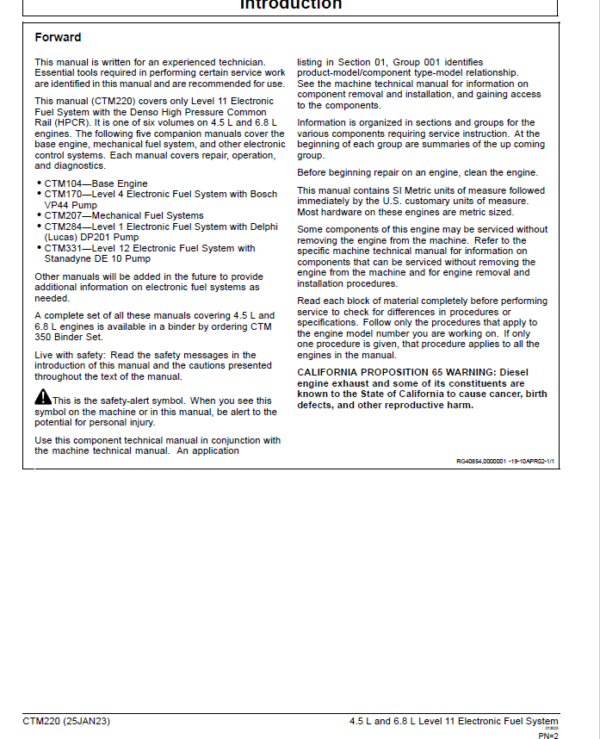 John Deere PowerTech 4.5L, 6.8L Diesel Engines Level 11 Electronic Fuel System – Denso HPCR Repair Manual Workshop Guide