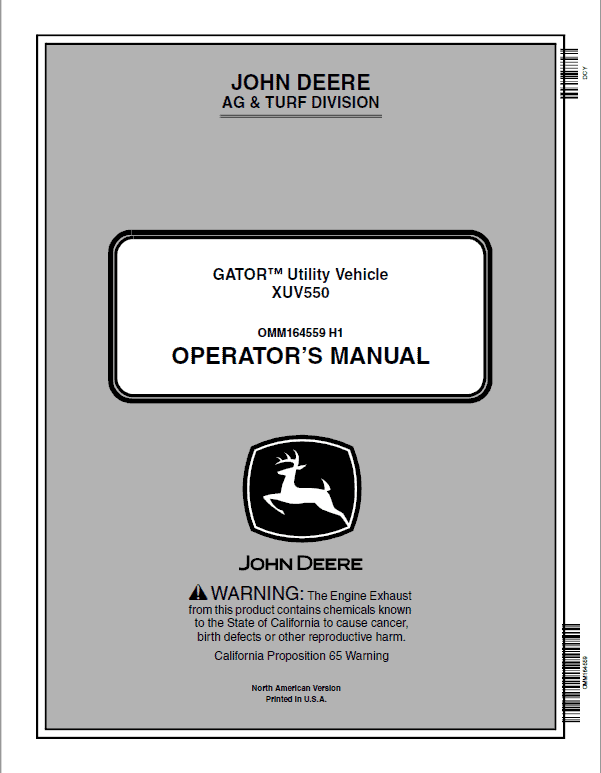 John Deere XUV550, XUV550 S4, XUV560, XUV560 S4 Gator Utility Vehicles Repair Manual Workshop Guide