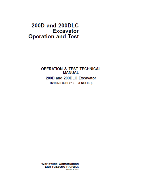 John Deere 200D, 200DLC Excavator Repair Technical Manual Workshop Guide