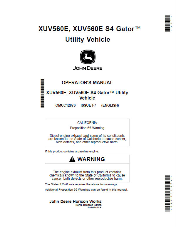 John Deere XUV560E, XUV560E S4 Gator Utility Vehicles Repair Manual (S.N 010001 – 040000) Workshop Guide