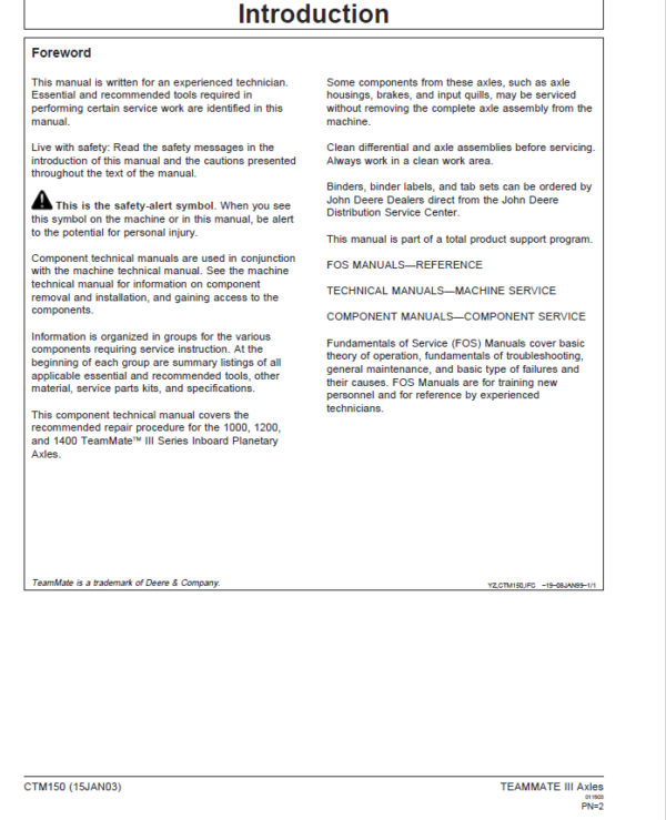 John Deere TeamMate III 1000, 1200, 1400 Series Inboard Planatery Axles Repair Manual (CTM150) Workshop Guide
