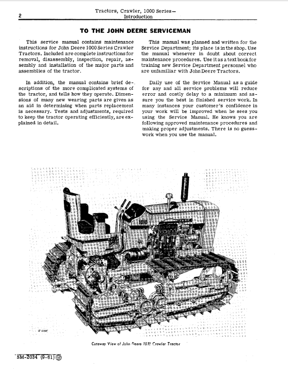 John Deere 1000 and 1010 Series Crawler Tractors Technical Manual (SM2034) Workshop Guide