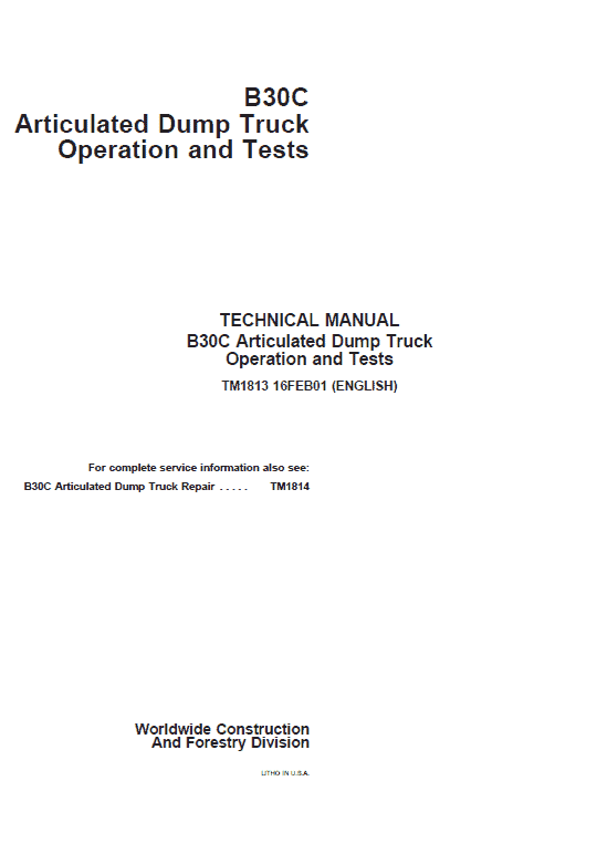 John Deere B30C Articulated Dump Truck Repair Technical Manual Workshop Guide