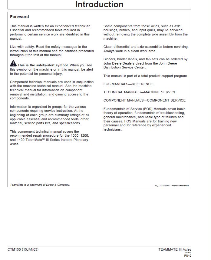 John Deere TeamMate III 1000, 1200, 1400 Series Inboard Planatery Axles Repair Manual (CTM150) Workshop Guide