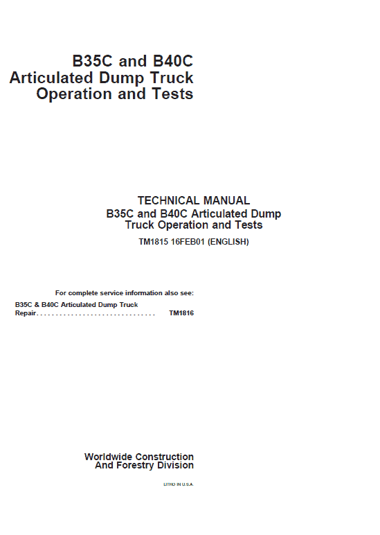 John Deere B35C, B40C Articulated Dump Truck Repair Technical Manual Workshop Guide