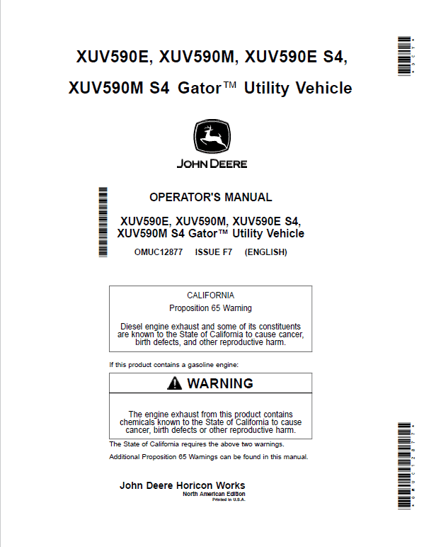 John Deere XUV590M, XUV590M S4 Gator Utility Vehicles Repair Manual (S.N 010001 – 040000) Workshop Guide