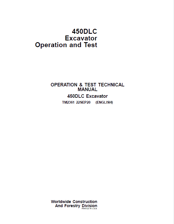 John Deere 450DLC Excavator Repair Technical Manual Workshop Guide