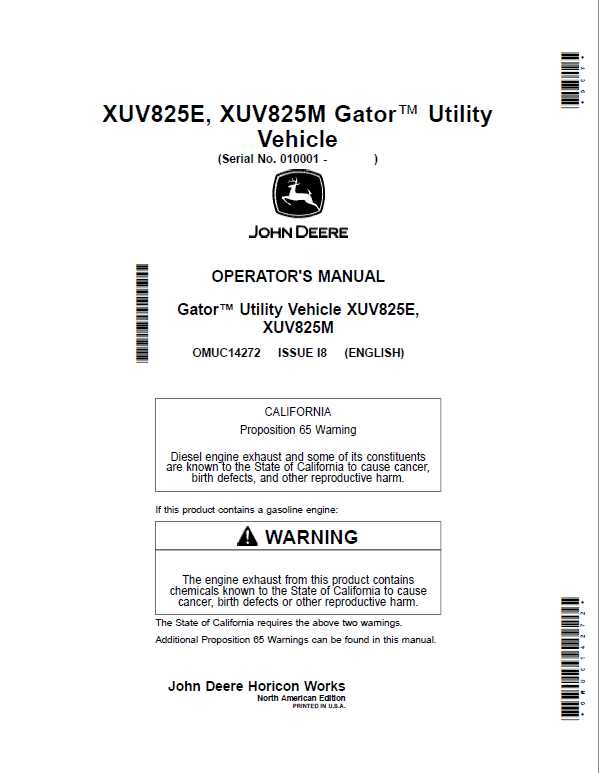 John Deere XUV825E, XUV825M, XUV825M S4 Gator Utility Vehicles Repair Manual (010001-040000) Workshop Guide